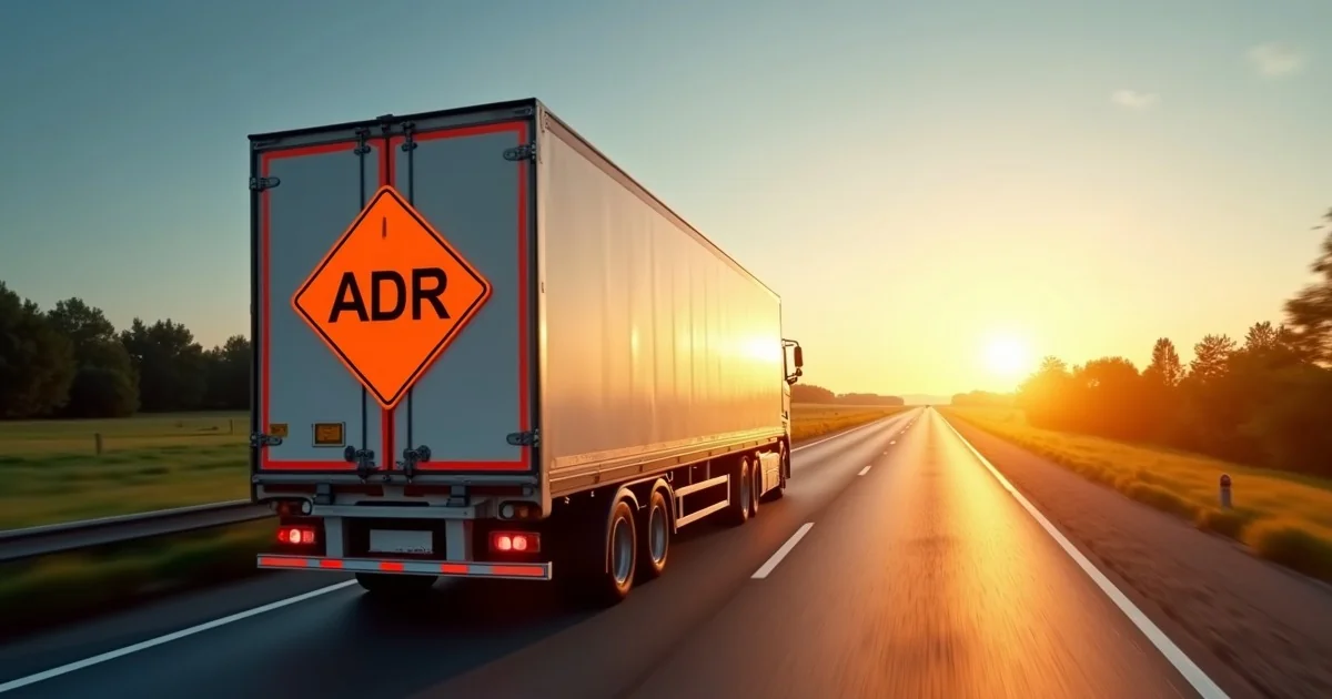 Camion semi-rimorchio europeo con cartello ADR arancione su autostrada - trasporto merci pericolose