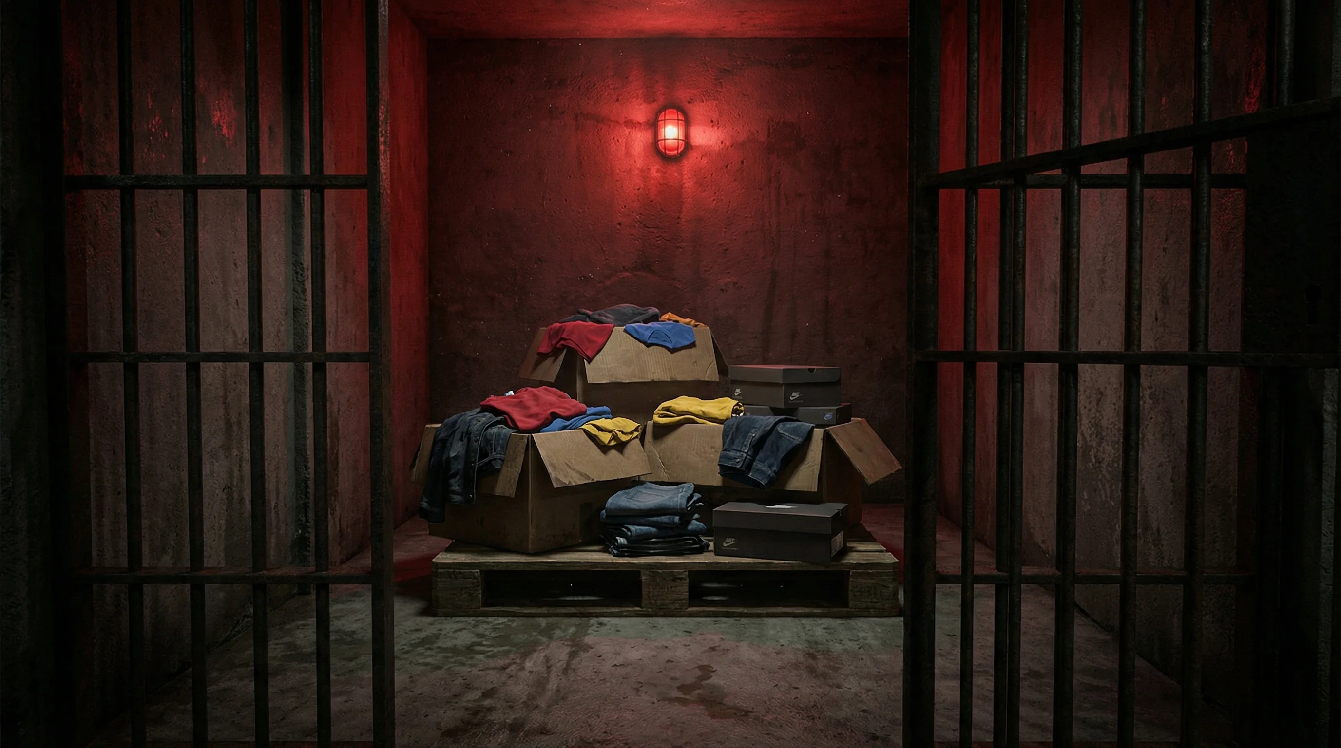 Europallet con scatole di abbigliamento dietro le sbarre di una cella - simboleggia le sanzioni per mancata notifica SENT